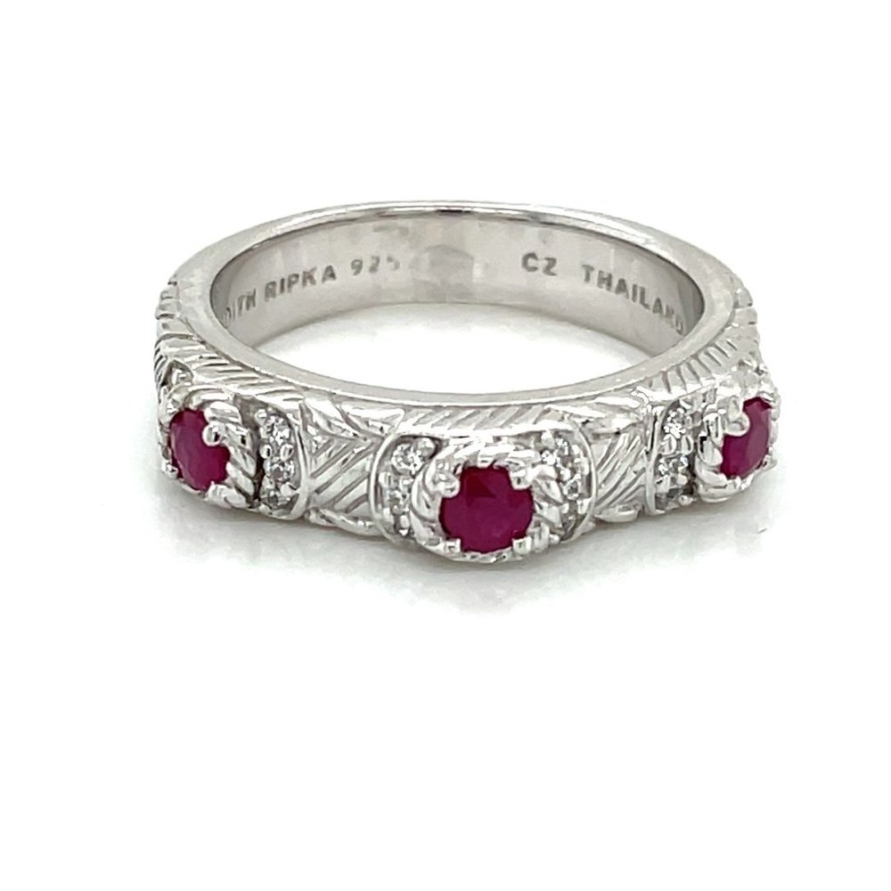 Judith Ripka Sterling Silver Ruby and Pave CZ Ring Size 8